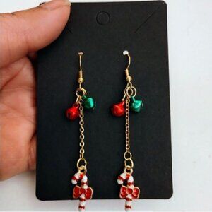 Handmade Christmas Bell Candy Cane Chain Dangle Earrings